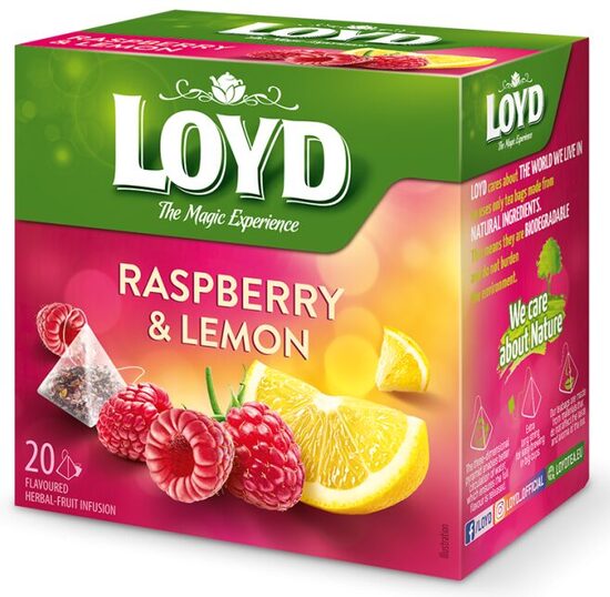 Loyd Raspberry & Lemon ароматизированный растительный фруктовый чайный напиток со вкусом малины и лимона в пакетиках 40 г (20 шт)
